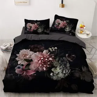 Bettwäsche Set 4-teilig Blumen Vintage Floral Schwarz 135x200cm 2x 80x80cm Mikrofaser - Schwarz