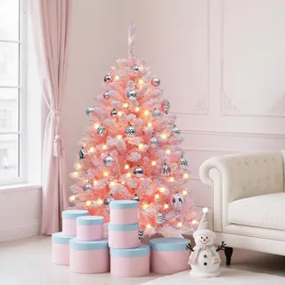 YITAHOME 140cm Beleuchteter, Rosa beflockter Weihnachtsbaum, Beleuchteter, Rosa Fichten-Weihnachtsbaum mit 400 beflockten PVC-Spitzen und 200 warmweißen Lichtern für die Dekoration zu Hause