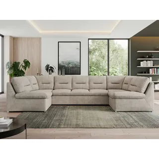 MKS Meble Sofa XXL U-Form Beige, Wohnlandschaft U Form mit Schlaffunktion, Sofa mit Schlaffunktion, Schlafsofa, Wohnzimmer Couch mit schlaffunktion - Morbido U - Beige Stukture - Beige