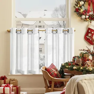 TOPICK Scheibengardinen modern Bistrogardine Wohnzimmer Weiß H 60 x B 90 (cm) 2er Set mit Ösen Transparent Landhaus Ösenvorhang Streifen Voile Küchenvorhang Gestreift Küchengardinen Klein Fenster