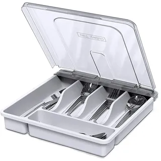 HIMAugbo Besteckkasten mit Deckel, Tragbar Besteck Aufbewahrung, Kompakter Besteckkasten füR Campingurlaub/Reisen/Garten, 30 * 30 * 7cm, Weiß