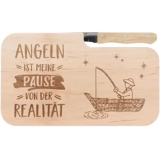 Spruchreif | Brotzeitbrett mit Messer "Angeln ist meine Pause" – Graviertes Holzbrett mit Angel-Motiv | Lustiges Geschenk für Angler & Naturfreunde