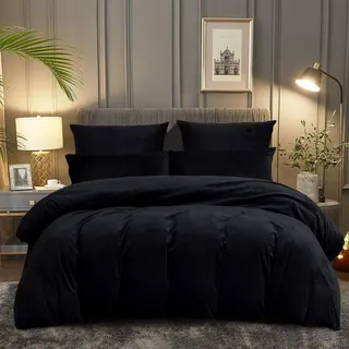DXHOME Warme Plüsch Bettwäsche 135 x 200 4teilig Schwarz Kuschelig Flanell Fleece Deckenbezug Weiche Mikrofaser Bettbezüge mit Reißverschluss und 2 Kissenbezügen 80×80 cm