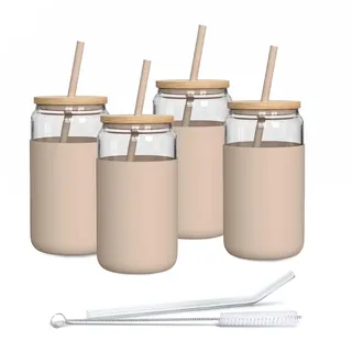 Aquafloow Trinkglas mit Strohhalm und Deckel 500ml | Gläser mit Silikonhülle | Trinkgläser set inclus 2x Strohhalme und 1x Reinigungsstab | für Tee, Smoothie Kaffee-4 Stück- Beige