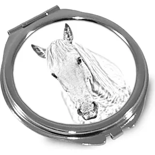 Camargue-Pferd - Taschenspiegel mit Pferd, personalisierter Taschenspiegel, kompakter Spiegel mit Art-Dog-Logo - Silber