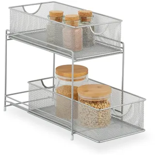 Relaxdays Küchen Organizer, 2 Ausziehkörbe, Etagenregal aus Metall, h x b x t: 32 x 19 x 35,5 cm, Bad Organizer, silber