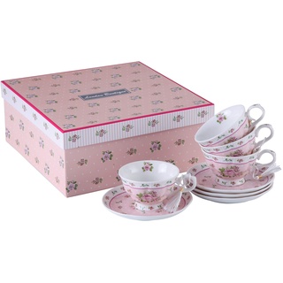 Kaffeetasse und Untertasse, Shabby Chic, Vintage, Porzellan, Vogel Schmetterling, Flora, Geschenk-Box (Rose Pink)