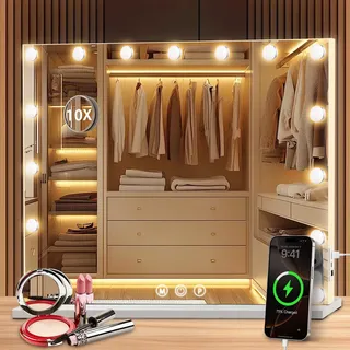 Puranex Hollywood Spiegel Schminkspiegel mit Beleuchtung, Kosmetikspiegel 58 x 46 cm, 15 LED Mirror Super HD für Make-up, 3 Lichtfarben Dimmbar Touch Control, USB, inkl. 10-Fach Vergrößerungsspiegel
