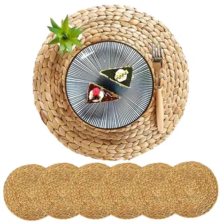 PECZEKO 6er Set Rund Seegras Platzset Abwaschbar Platzsets Tischsets Werden, Boho Platzteller, Ideal für Weihnacht Hochzeit Küche Party, Hitzebeständige 35cm Platzdeckchen Abwaschbar, Natur