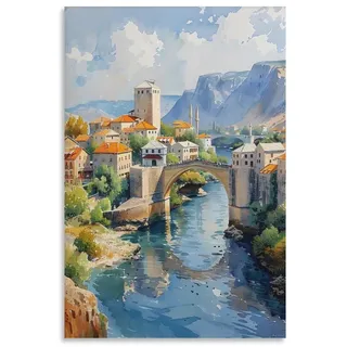 Aquarellgemälde Mostar Wandkunst Bosnien Herzegowina Druck Stari Most Bridge Poster Heimdekoration Geschenk Kunst ungerahmt 60 x 90 cm