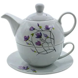 Porzellankanne, Tea for one Set, Servierkanne für Tee, Teekanne, Teeservice, Teetasse mit Teekanne, Teekannen-Set Blumen mit Teetasse aus Porzellan in Weiß und Lila Blumen, L/B/H 15 x 15 x 16 cm.