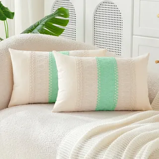 JELLYMONI Zierkissenbezüge Boho 31x51cm Polyester 2er Set Hellgrün | 100% Polyester, verdeckter Reißverschluss, weich atmungsaktiv, 2er Set Zierkissenbezüge 31x51cm für Sofa Couch Bett