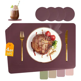 HELI MIAO Tischsets Abwaschbar,Platzsets Abwischbar, Leder,Hitzebeständig Doppelseitigen I 4er Set Platzdeckchen Lederoptik mit Untersetzer,Tischuntersetzer rutschfest,Weinrot