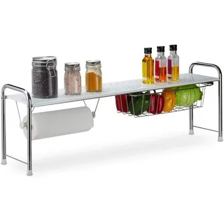 Relaxdays Spülbeckenregal mit Küchenrollenhalter, Küchenregal mit Korb, Metall, H x 23,0 x 32,0 cm, 1 St.