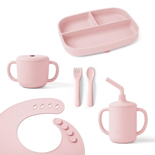 Ergobaby Kindergeschirr-Set Deluxe für Babys und Kleinkinder ab 6 Monaten, Baby Geschirrset mit 2 Bechern, Tablett, Lätzchen und Besteck, ohne BPA, PVC und Phthalaten, Blush Pink