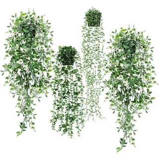 UHAPEER Künstlich Hängepflanze 4 Stück, Kunstpflanzen im Topf, Artificial Plants, 65cm Künstliche Pflanzen, Eukalyptus Perlenchlorophyt Datura Stramonium für Terrassen/Wand/Wohnzimmer Deko