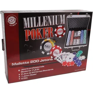 MGM GAMES - Pokerchip-Koffer mit 200 Jetons - Mehrfarbig - 140200 - Kartenspiel - Metall - 2 bis 6 Spieler - Spielkarten - Gesellschaftsspiele - 11,5 g - 30 cm x 21 cm