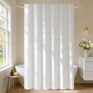 EurCross Wasserdicht Mikrofaser-Duschvorhang 180x200 cm wie Baumwolle, Leichter Stoff Waschbar Badvorhang in Weiß mit TPU Rückseite, 3 Magneten und 12 Ringen