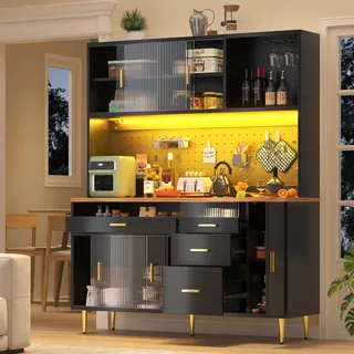 STILVORA Hochschrank mit LED-Beleuchtung und Lochwandregalen, Küchenschrank mit Stauraum, Esszimmerschrank für Wohnzimmer Schwarz - Schwarz