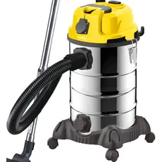 DMS Industriestaubsauger mit 2300 Watt | Nasssauger | Trockensauger | Edelstahl | Blasfunktion | Filterreinigungssystem | beutellos | 30 Liter Fassungsvermögen | Gelb