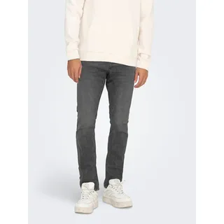 Slim-fit-Jeans ONLY & SONS "ONSLOOM SLIM BOX PIM DNM MU OTL", Herren, Gr. 32, Länge 34, medium grau denim, Denim/Jeans, Obermaterial: 50% Baumwolle, 30% Polyester, 18% Viskose, 2% Elasthan, Abriebeffekte, slim fit knöchellang, Jeans Slim-fit-Jeans