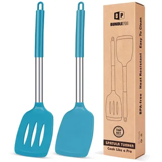 Pfannenwender aus Silikon, robust, antihaftbeschichtet, geschlitzt, hitzebeständig, BPA-frei, ideales Kochgeschirr für Fisch, Eier, Pfannkuchen, blau, 2 Stück