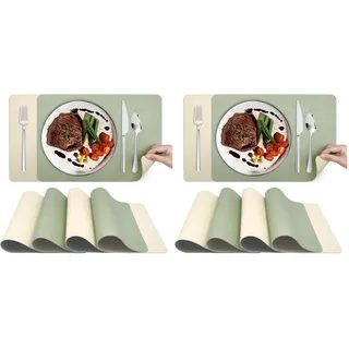 KitchenBoss Tischsets Abwaschbar Platzdeckchen und Untersetzer:Platzsets Abwaschbar rutschfest Hitzebeständig Doppelseitigen Tischset mit PVC Esszimmer 43x30cm 6 Set (Hellgrün+Beige) (Packung mit 2)