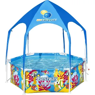 Bestway® Steel ProTM Frame Pool mit Sonnenschutzdach "Splash-in-Shade" ohne Pumpe Ø 183 x 51 cm, buntes Unterwasser-Design, rund - Blau