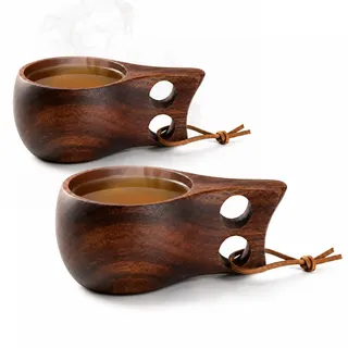 Cuxawamiyo holzbecher Set 2 Stück, kuksa Holztasse 200 ml & 320 ml, Natürlicher holzkrug mit Griff, campingbecher aus Holz für Wandern, Camping