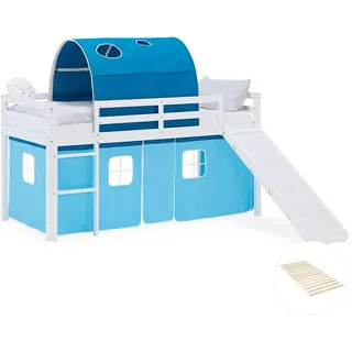 Homestyle4u Hochbett 90/200 cm in Weiß und Blau mit Rutsche Lattenrost , Textil , Kiefer , 90x200 cm , Babymöbel & Kindermöbel, Kinderzimmer & Jugendzimmer, Kinderbetten, Hochbetten