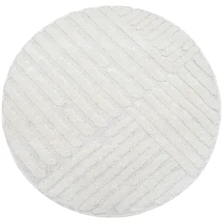Carpet City Hochflor-Teppich, Creme, - 200 cm Rund, - Hochtief-Muster, 3D-Effekt Streifen - Bettvorleger Schlafzimmer Teppiche Boho, Skandi