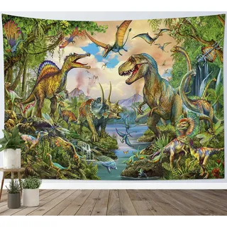 LB Dinosaurier Wandteppich Grün Dschungel Wandbehang,Tiere Wandtuch Tropische Pflanzen Tapisserie für Kinder Schlafzimmer Wohnzimmer Wohnheim Wanddeko,Geburtstag Party Hintergrund,200x150cm