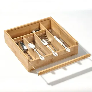 JAZUIHA Holz Besteckkasten mit Deckel, 5 Fächer Besteck Aufbewahrungsbox, 30x30x8cm Besteckorganizer für Tisch und Schublade, Besteckhalter mit Dekorativem Design