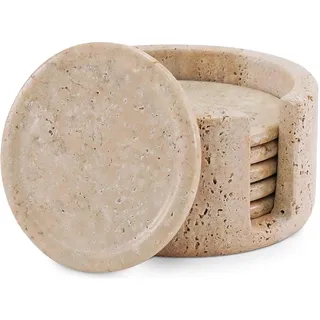 SPESHSTONES Set mit 6 runden Untersetzern 8,9 cm, aus Marmor und Travertin inklusive Halterung, ideal für Cafés, Bars, als Geschenk, für Esstische und als Dekoration für Zuhause