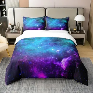 Homewish Bettbezug, 200 x 200 cm, Galaxie, Baumwolle, Bettwäsche, Blaugrün, Violett, Sternenhimmel, Bettwäsche, Motiv: Weltall, Bettbezug mit kosmischen Sternen, 3-teilig