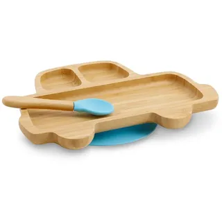 BIOZOYG Bambus-Teller-Set Auto Mit Saugnapf und Löffel - FSC-Zertifiziert I Süßes Holz-Schüssel-Set für Kleinkind - Kinder-Teller & Snack-Schale I Baby Geschirr Blau