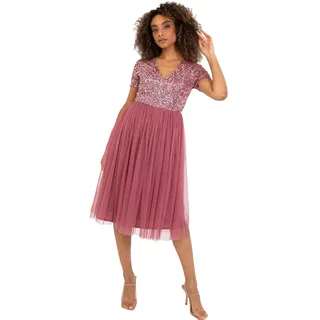 Maya Deluxe Damen Embellished Midi Evening Dress For Women Ladies V Neckline With Short Sleeve Prom Wedding Brautjungfernkleid, Desert Rose, 48 EU