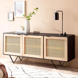 Massivholz Design Sideboard FineBuy 175cm Mango Kommode mit 3 Rattan Wiener Geflecht Türen Schwarz - Braun
