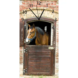 Wallario Design Wanduhr Pferd im Stall aus Echtglas, Größe 30 x 60 cm - Braun