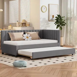 Flieks Polsterbett 90x200cm mit Lattenrost, Tagesbett Schlafsofa mit Ausziehbett, Einzelbett Gästebett Daybett Jugendbett Sofabett, Samt, Grau - Grau