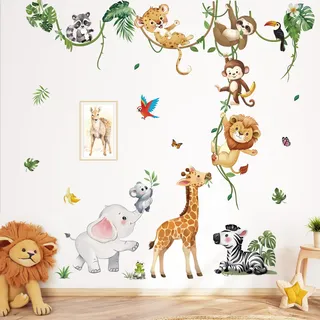 decalmile Wandtattoo Dschungel Tiere Reben Wandaufkleber Giraffe Löwe Affen Elefant Safari Tiere Wandsticker Kinderzimmer Babyzimmer Schlafzimmer Wanddeko