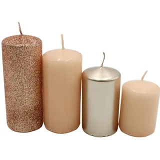 Dekohelden24 Gestufte Stumpenkerzen, Adventskerzen, Adventskranzkerzen, in Nude/Cappuccino, 4 Größen - H 5-10 cm, Ø je 4 cm, 280 gr