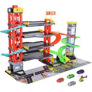 Dickie Toys - 4-stöckiges Parkhaus für Kinder ab 3 Jahre (87x52 cm) mit Zubehör - große Spielzeug-Parkgarage auf 5 Ebenen mit Aufzug, Rennbahn, Spielzeugautos, Hubschrauber, Licht & Sound