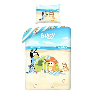 Halantex Bettset Bluey Familie am Strand, Hündchen, Bluey Bingo Bandit Chilli, wendbarer Bettbezug 140 x 200 cm und Kissenbezug 70 x 90 cm, Mehrfarbig, 100% Baumwolle