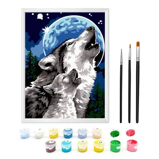Zimrobin Malen Nach Zahlen ab 7 8 9 Jahre Mädchen und Junge, Malen Nach Zahlen für Kinder mit Rahmen 3 Pinsel und Acrylfarben, 18 X 24cm(Der Wolf und der Mond)