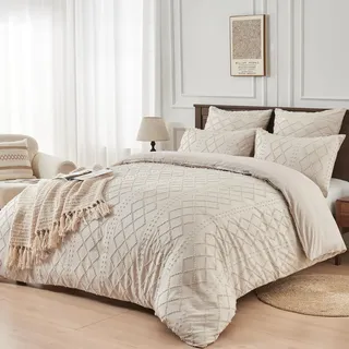 YASMENG Boho Bettwäsche 135x200 Beige Getuftet Geometrisch Kariert Ästhetisch Modern Bettbezug Set Weiche Mikrofaser 2-teilig mit Reißverschluss und Kissenbezug 80x80 cm