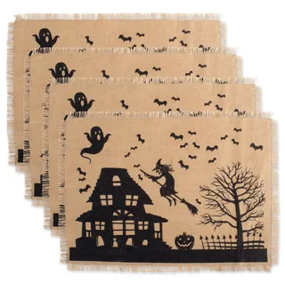 DII Halloween Primitive Style Jute-Tischdekoration, gruseliges Spukhaus-Jute, Tischset-Set, 33 x 48 cm, Schwarz & Hellbraun, 4 Stück