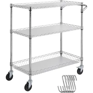 Vevor Küchenwagen, 3 Ebenen Laborwagen mit 300 kg Kapazität, Chrom Servierwagen Abräumwagen, Transportwagen Rollbarer Aufbewahrungswagen mit 6 Haken, für den Innen- und Außenbereich Silber