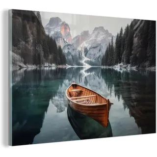 MuchoWow© Glasbilder Wanddeko Wohnzimmer Aesthetic Room Decor Deko Zimmer | 60x40 cm - Wandbilder Modern Bild auf Glas Boot - Berge - Natur - Wasser