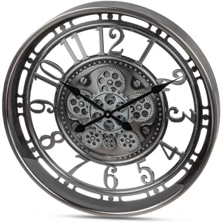 Moderne Wanduhr mit Beweglichen Zahnrädern - 54cm, Silber-Schwarz, Metall - Silber
